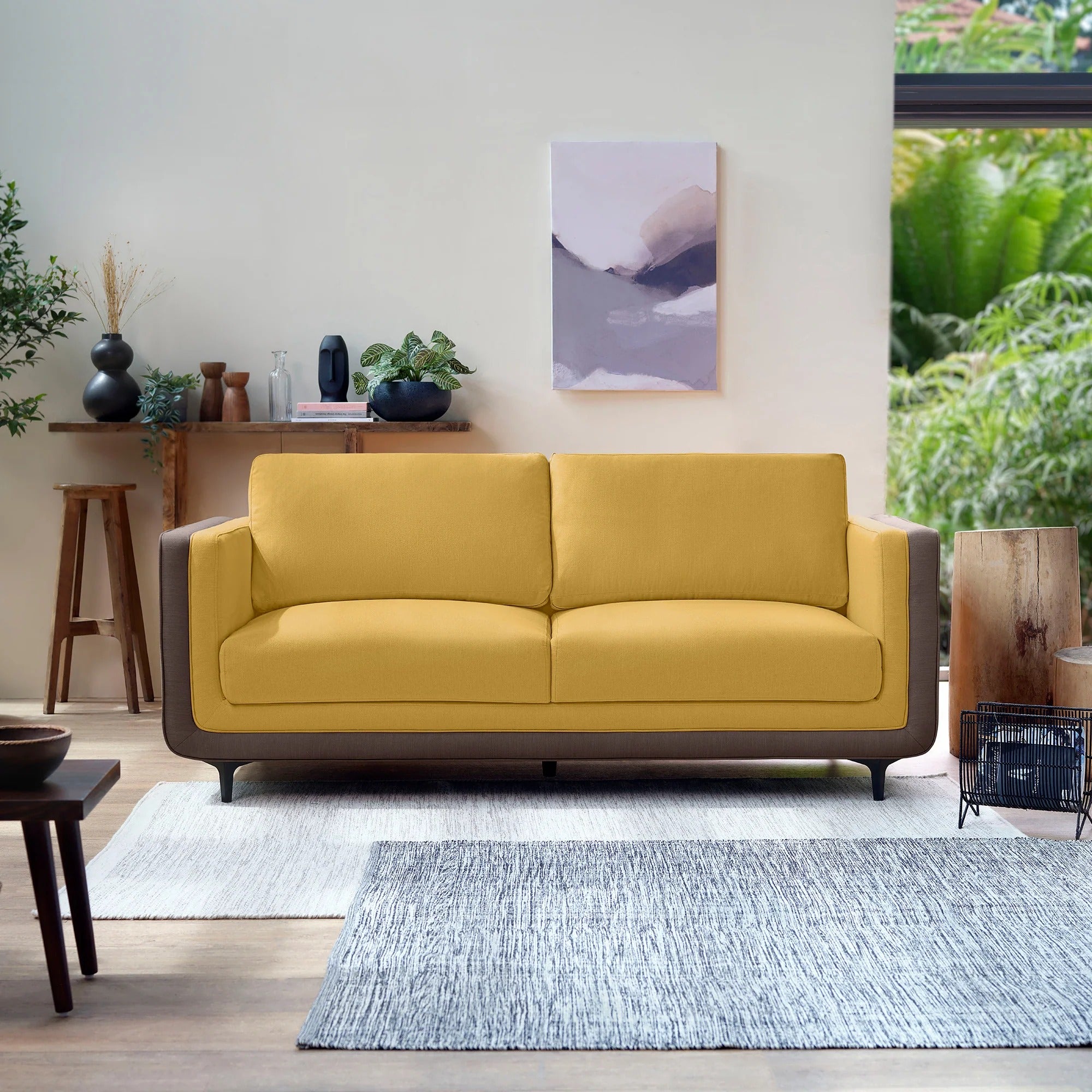 Lemon Zing Sofa, Yellow Fabric 3-Seater with Modern Track Arms & Plush Cushions, Contemporary Couch