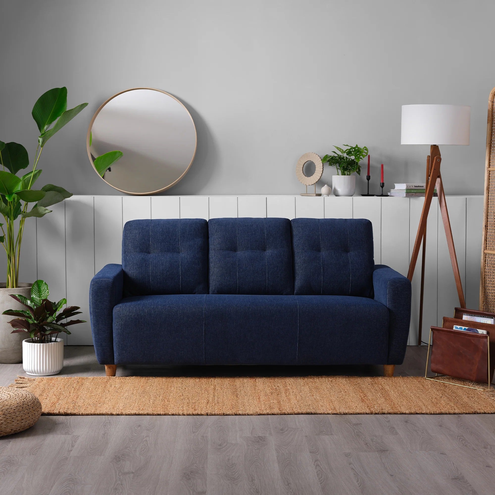 Berry Blue Living Room Sofa, Fabric 3-Seater with Tufted Back & Modern Design, Contemporary Couch