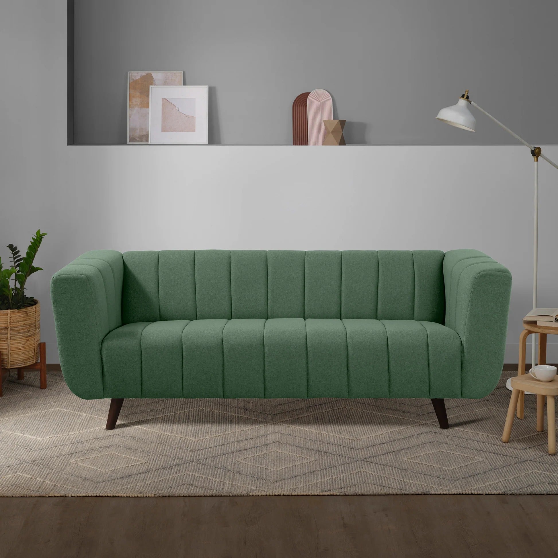 Living Room Sofa Sapling Green Fabric 3-Seater with Channel Tufting & Modern Design, Contemporary Couch