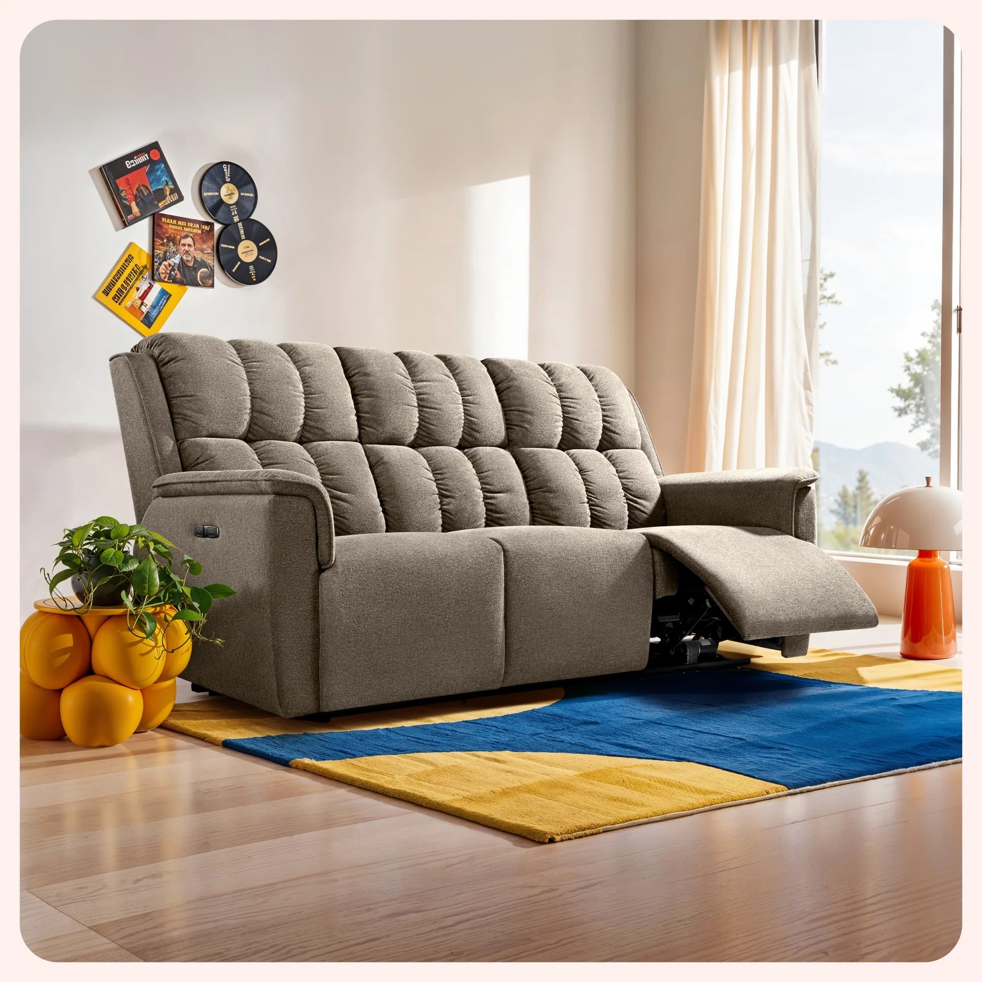 Slate Gray Living Room Sofa, Fabric 3-Seater with Power Recline & USB Ports, Modern Motion Couch