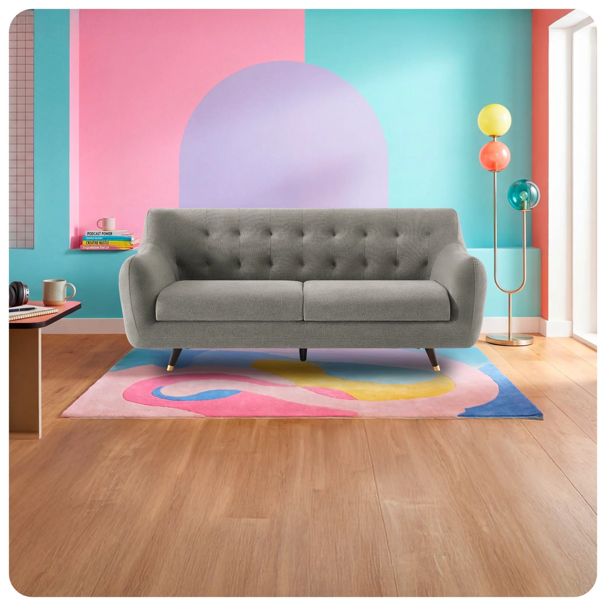 Flint Gray Living Room Sofa, Fabric 3-Seater with Tufted Back & Modern Design, Contemporary Couch