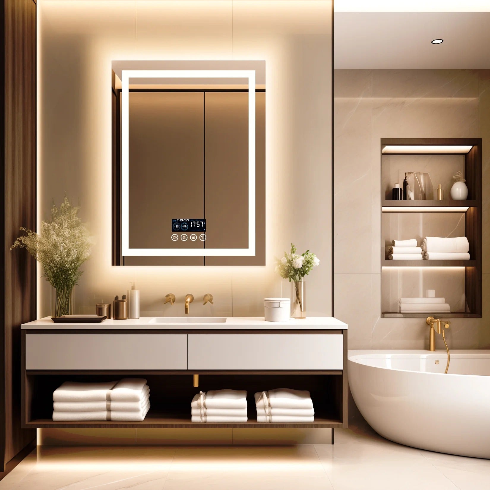 Bathroom Mirror LED Rectangular with Bluetooth Speaker, Anti-Fog Smart Vanity Mirror with 3 Light Modes