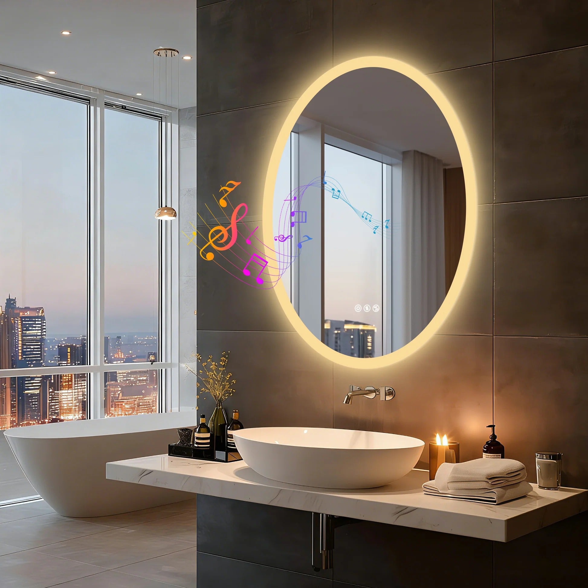 Bathroom Mirror Oval LED with Bluetooth Speaker Anti-Fog Dimmable 23.6"x31.5", Modern Vanity Mirror