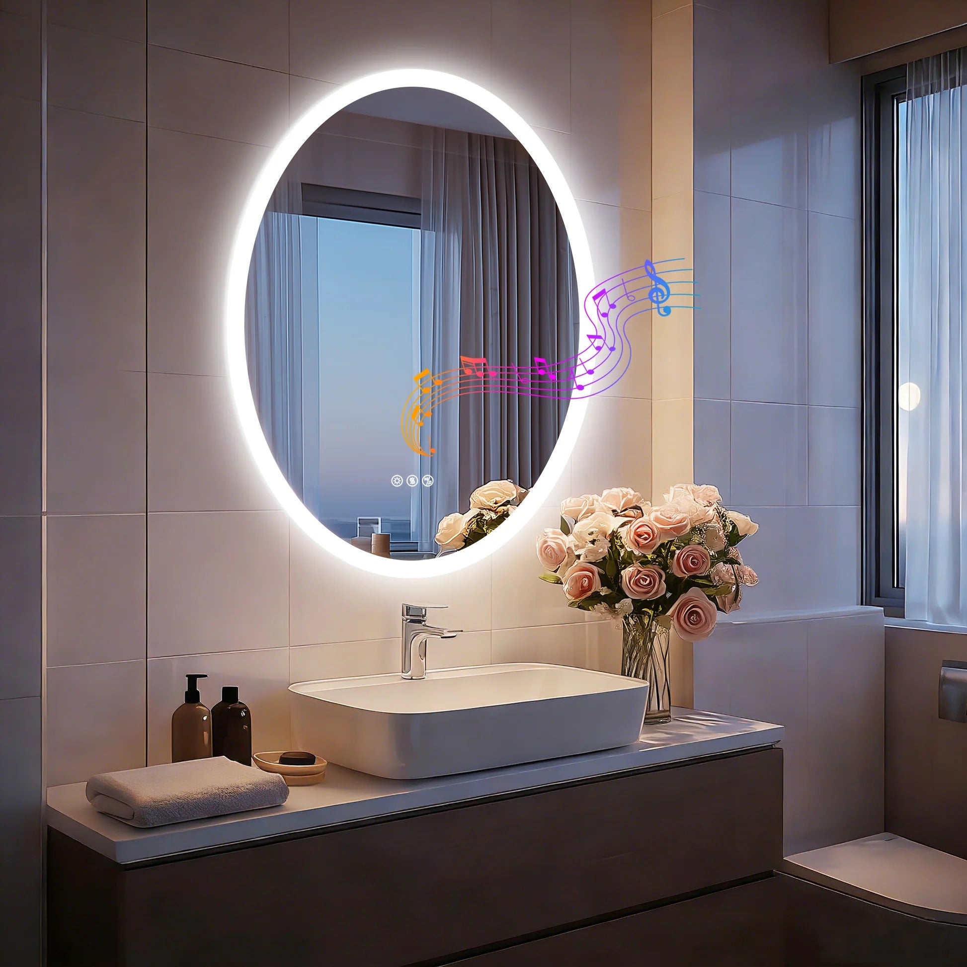 Bathroom Mirror Oval LED with Bluetooth Speaker Anti-Fog Dimmable 23.6"x31.5", Modern Vanity Mirror