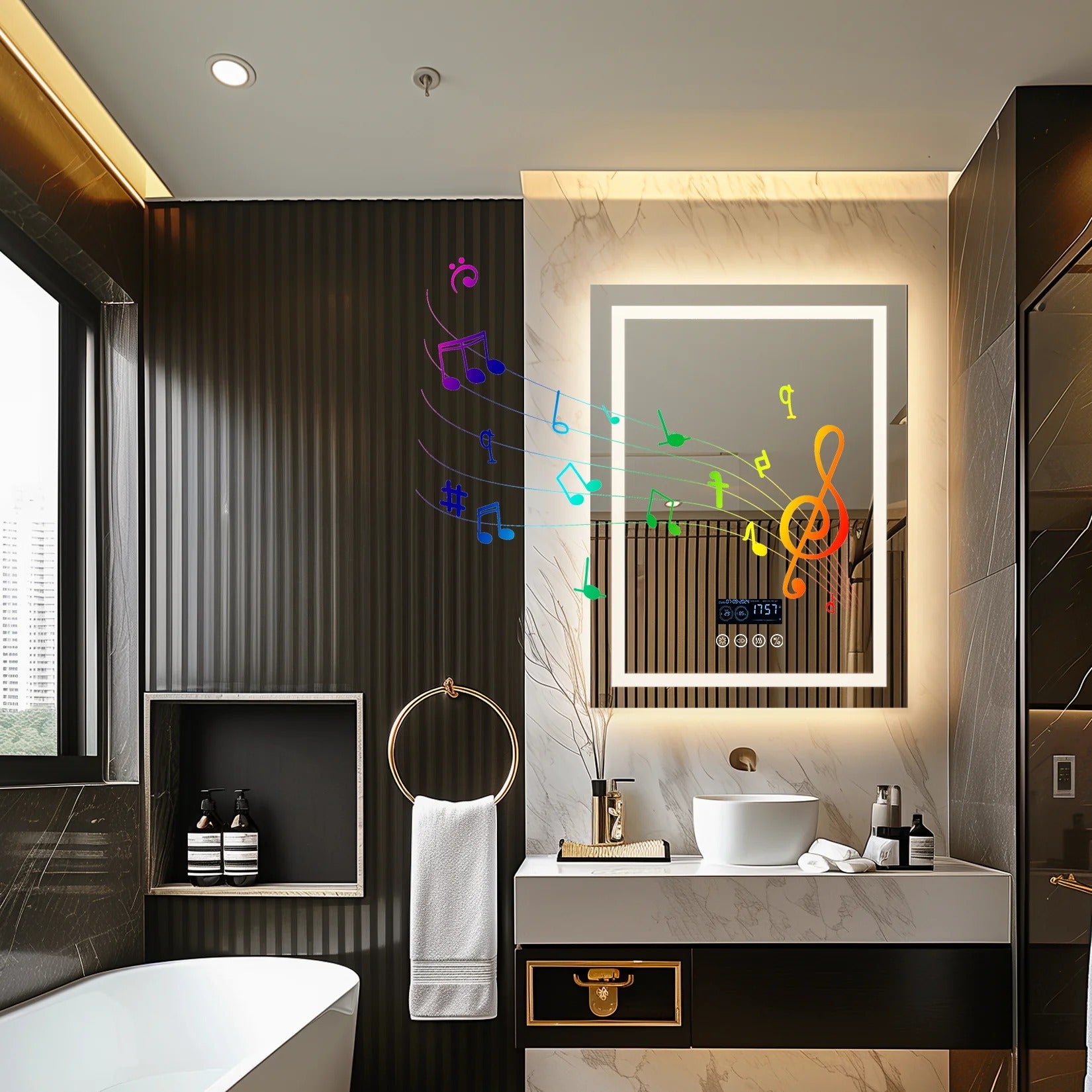Bathroom Mirror LED Rectangular with Bluetooth Speaker, Anti-Fog Smart Vanity Mirror with 3 Light Modes