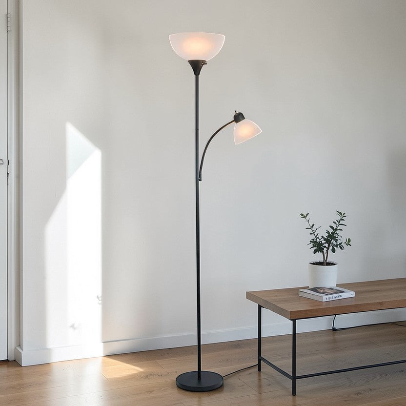 Black Metal Floor Lamp with Dual Lights & Frosted Shade, Modern Torchiere Lamp
