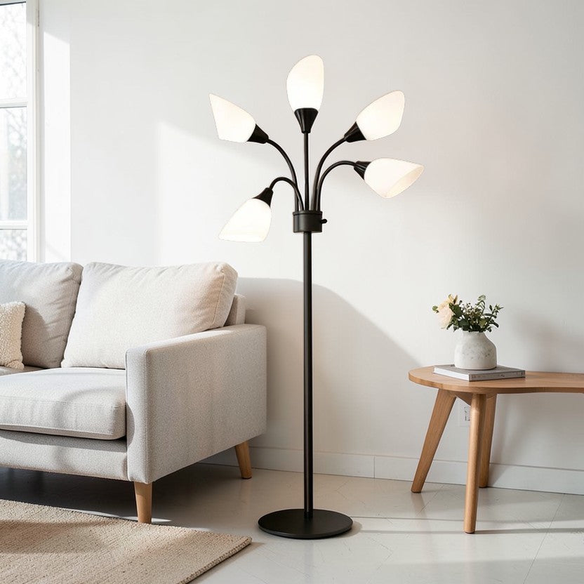 Black Metal Floor Lamp, 5 Adjustable Lights with White Shades, Modern Multi-Head Standing Lamp