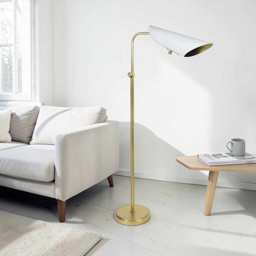 Living Room Floor Lamp, Brass Metal Adjustable Arm with Black or White Shade, Modern Mid-Century Standing Lamp