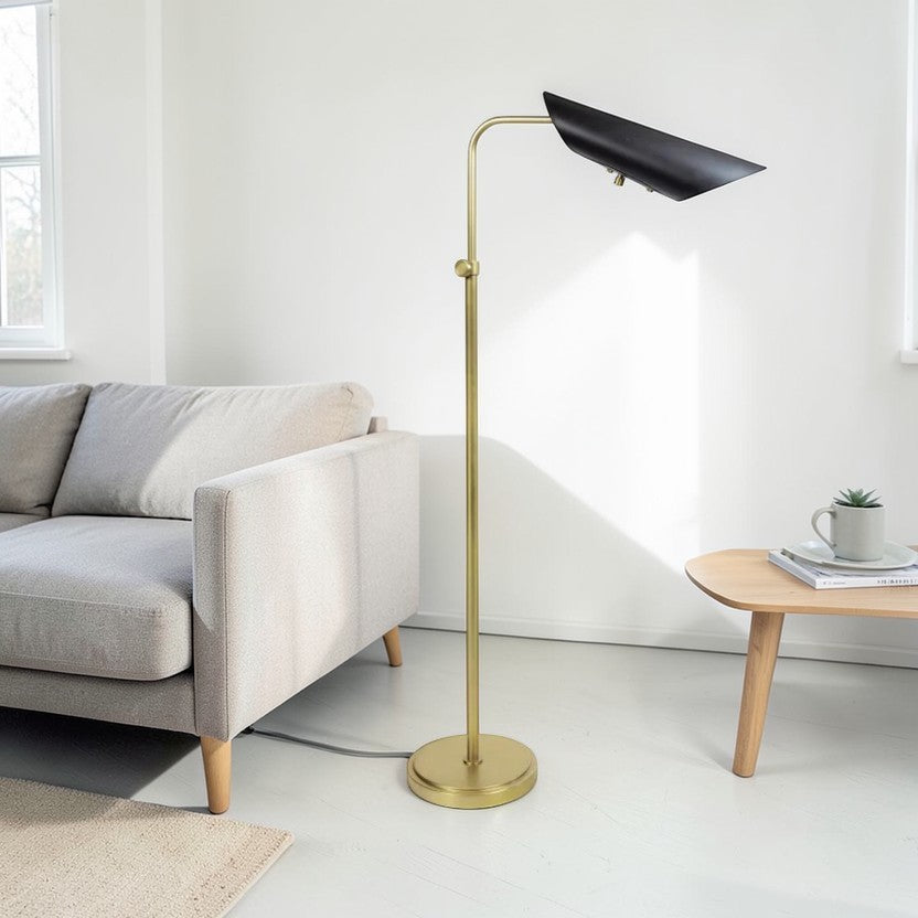 Living Room Floor Lamp, Brass Metal Adjustable Arm with Black or White Shade, Modern Mid-Century Standing Lamp