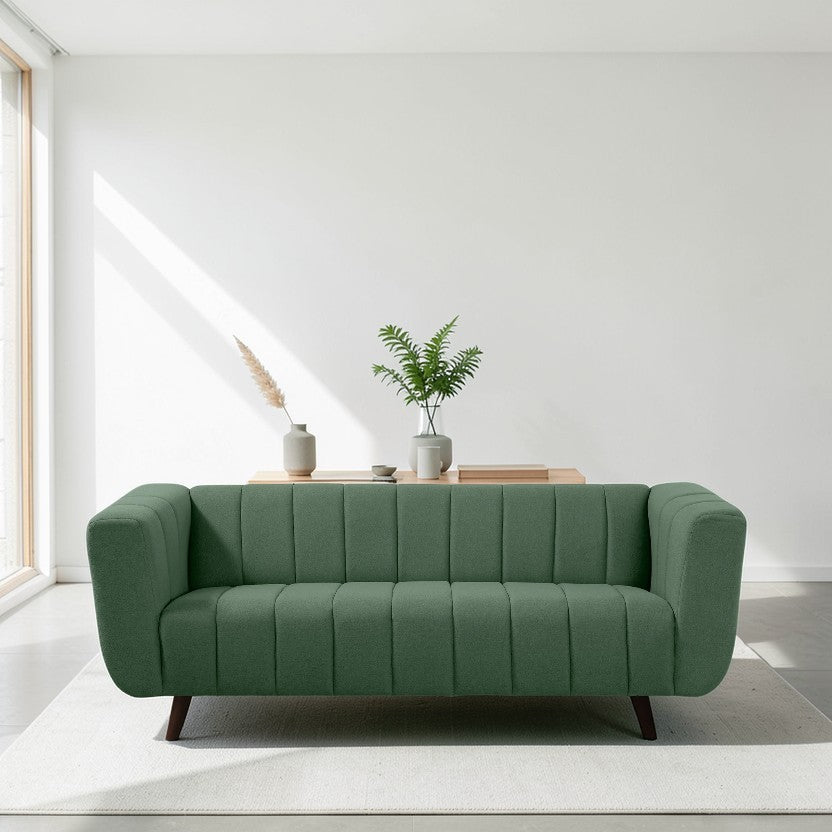 Living Room Sofa Sapling Green Fabric 3-Seater with Channel Tufting & Modern Design, Contemporary Couch