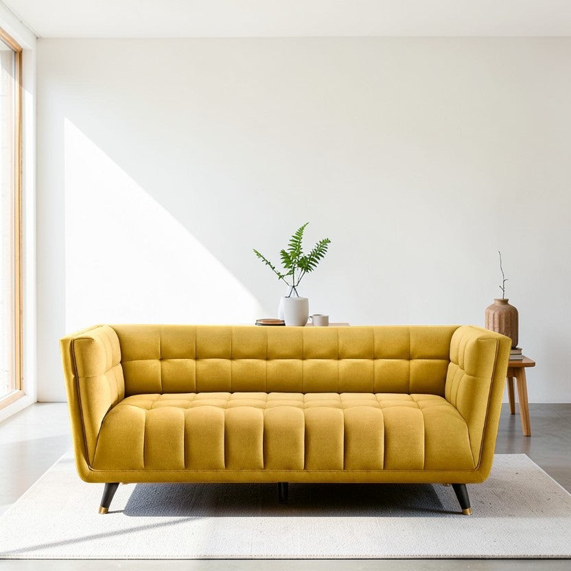 Yellow Sofa, Fabric 3-Seater with Channel Tufting & Mid-Century Design, Modern Couch