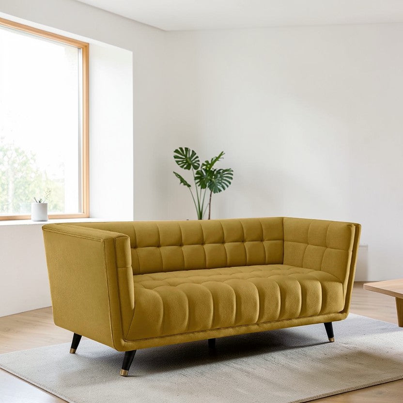 Yellow Sofa, Fabric 3-Seater with Channel Tufting & Mid-Century Design, Modern Couch
