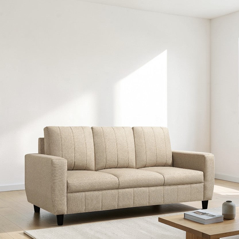 Beige Living Room Sofa, Fabric 3-Seater with Vertical Tufting & Modern Comfort, Contemporary Couch