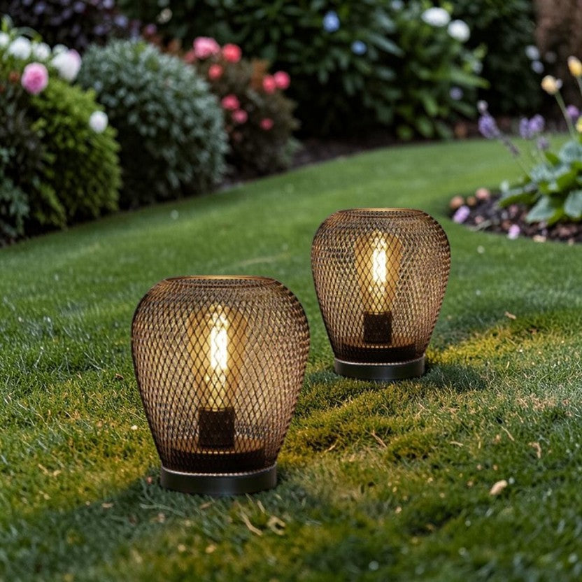 Battery Powered Outdoor Light Black Metal 2 Piece Set, Portable Table Lantern Outdoor Light