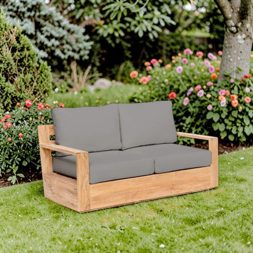 Solid Teak Wood Frame Outdoor Sofa, Gray Cushions, 2 Seater