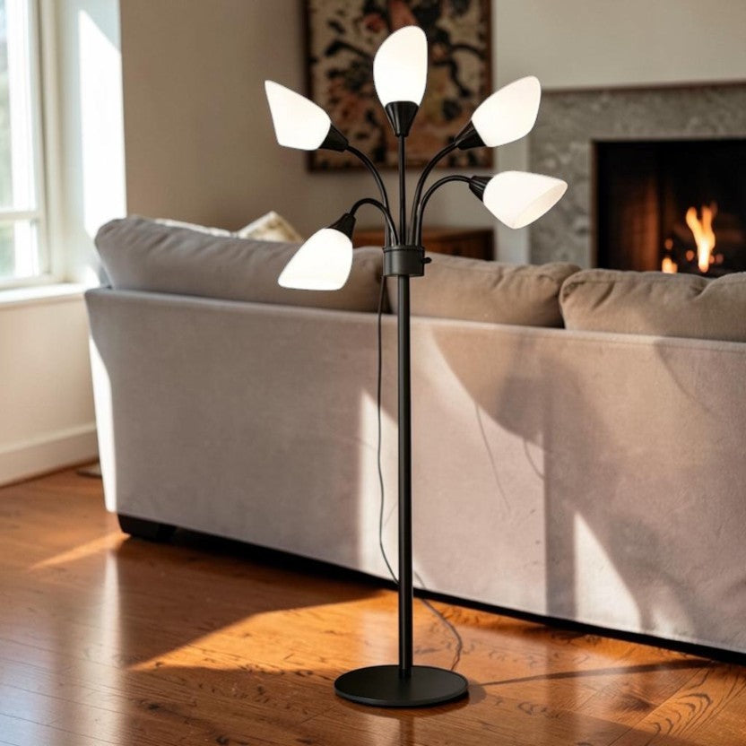 Black Metal Floor Lamp, 5 Adjustable Lights with White Shades, Modern Multi-Head Standing Lamp