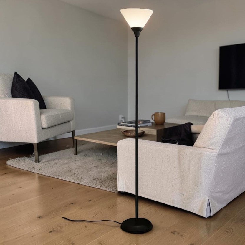 Black Metal Living Room Floor Lamp with Frosted Cone Shade, Modern Torchiere Standing Lamp