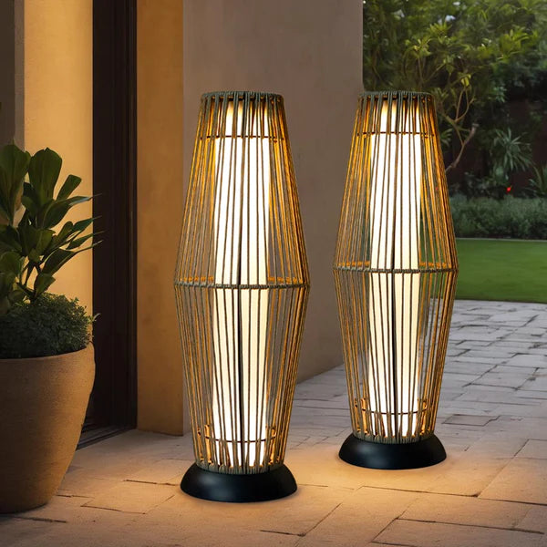 Solar Outdoor Light Woven Rattan Style Floor Lantern Warm LED 2 Piece Set, Decorative Patio Outdoor Light