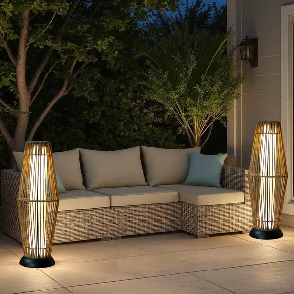 Solar Outdoor Light Woven Rattan Style Floor Lantern Warm LED 2 Piece Set, Decorative Patio Outdoor Light