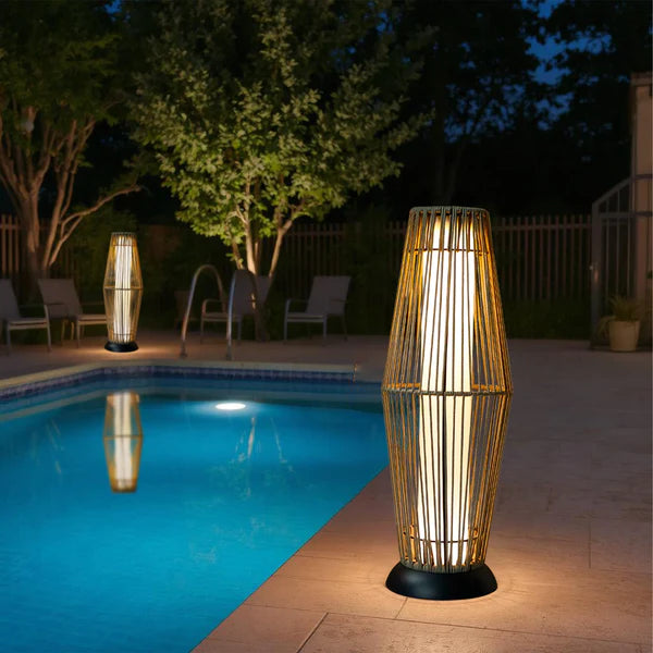 Solar Outdoor Light Woven Rattan Style Floor Lantern Warm LED 2 Piece Set, Decorative Patio Outdoor Light