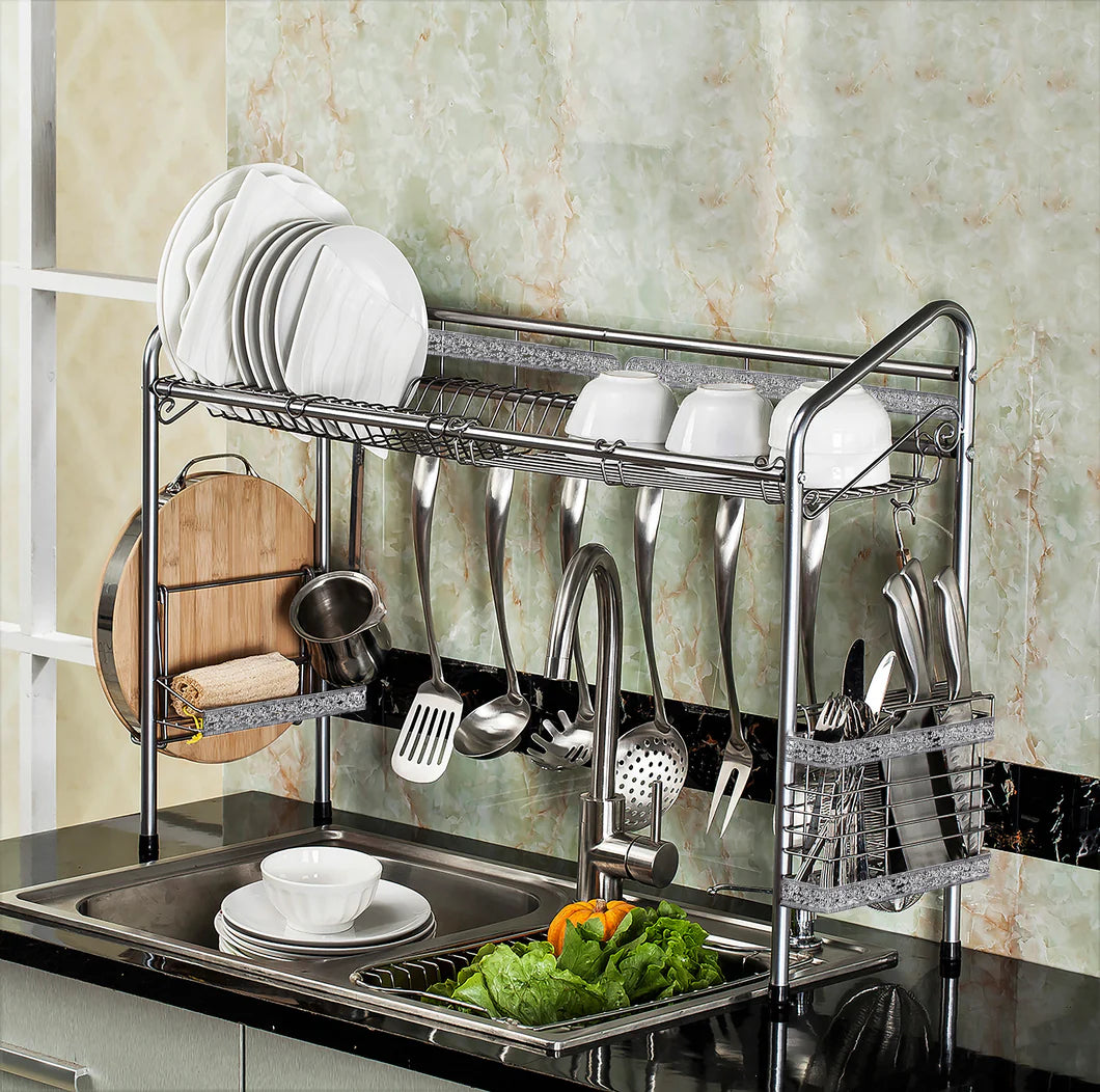 Over Sink Nano-Coated Steel Dishrack with Utensil Holders & Hooks, Multi-Function Organizer