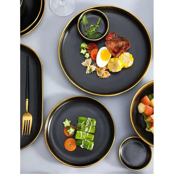 Dinnerware Set Black Ceramic with Gold Rim 40-Piece Service for 8, Modern Kitchen Tableware Collection