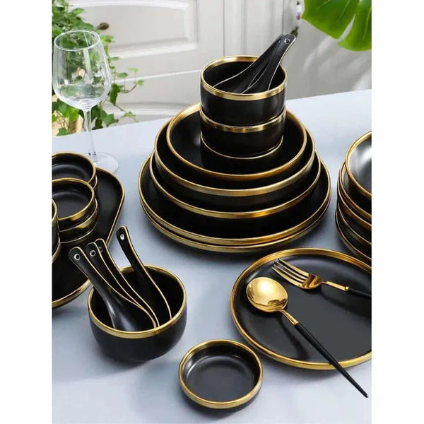 Dinnerware Set Black Ceramic with Gold Rim 40-Piece Service for 8, Modern Kitchen Tableware Collection