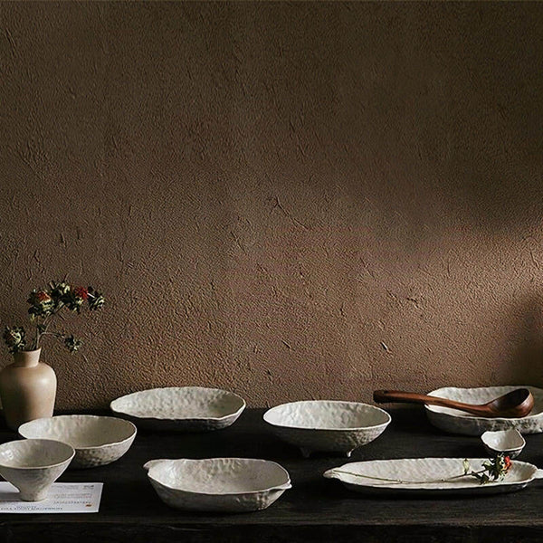 Kitchen Tableware Set White Textured Ceramic Service for 6, Modern Minimalist Dining Collection