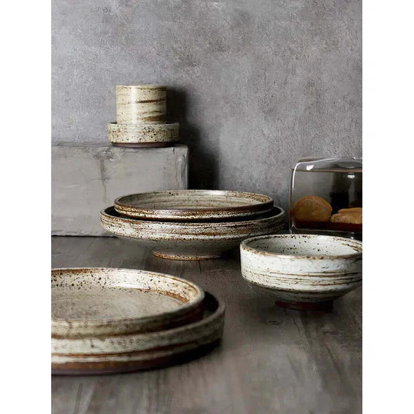 Dinnerware Set Beige Stoneware 32-Piece Service for 4, Artisan Kitchen Tableware Collection