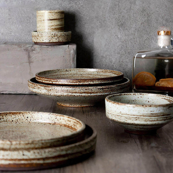 Dinnerware Set Beige Stoneware 32-Piece Service for 4, Artisan Kitchen Tableware Collection