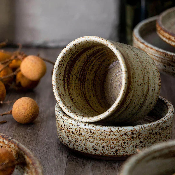 Dinnerware Set Beige Stoneware 32-Piece Service for 4, Artisan Kitchen Tableware Collection