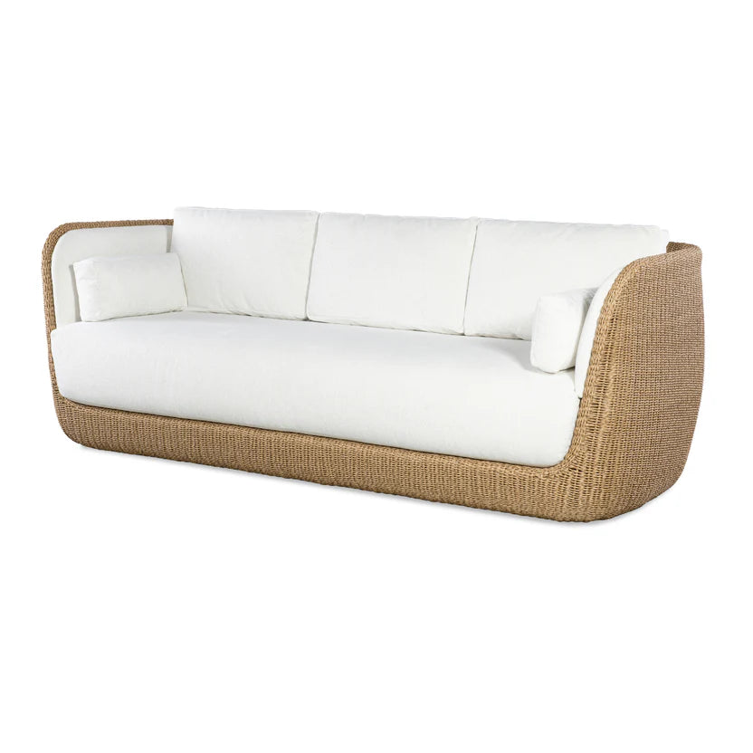 Natural Woven Rattan 3-Seater Sofa with Cream Cushions, Outdoor Lounge Couch