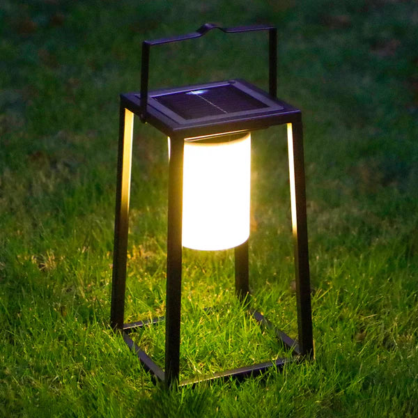 Solar Outdoor Light Black Metal Portable Lantern Waterproof LED Hanging Tabletop Outdoor Light