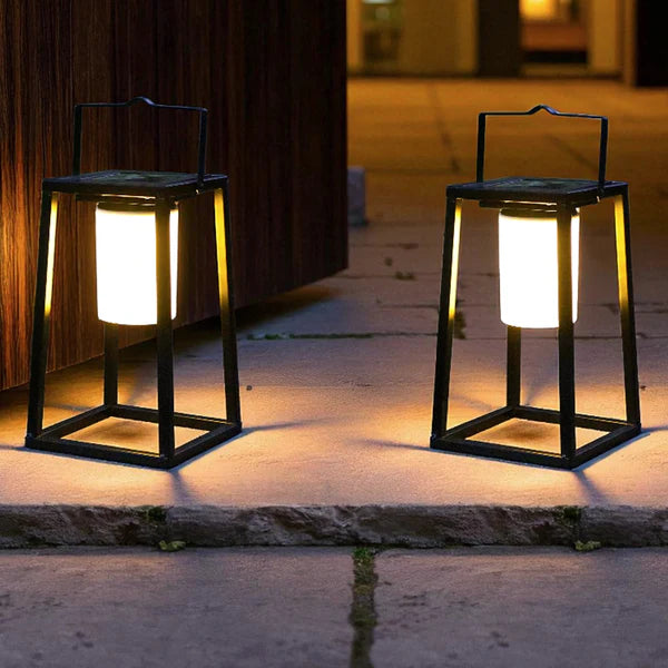 Solar Outdoor Light Black Metal Portable Lantern Waterproof LED Hanging Tabletop Outdoor Light