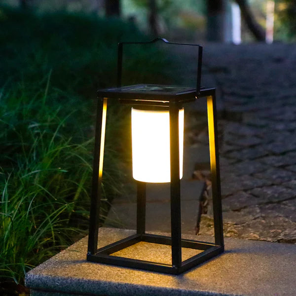 Solar Outdoor Light Black Metal Portable Lantern Waterproof LED Hanging Tabletop Outdoor Light
