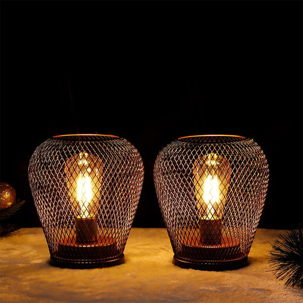 Battery Powered Outdoor Light Black Metal 2 Piece Set, Portable Table Lantern Outdoor Light